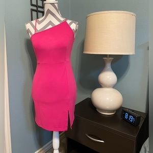 NWT Size S Sexy Hot Pink Asymmetrical Neckline Fitted Mini Dress